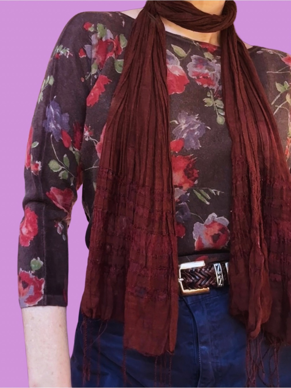 Vintage Silk Floral Print 3/4 Sleeve Top
